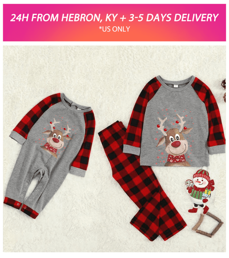 Christmas Cartoon Deer Contrast top and Plaid Pants